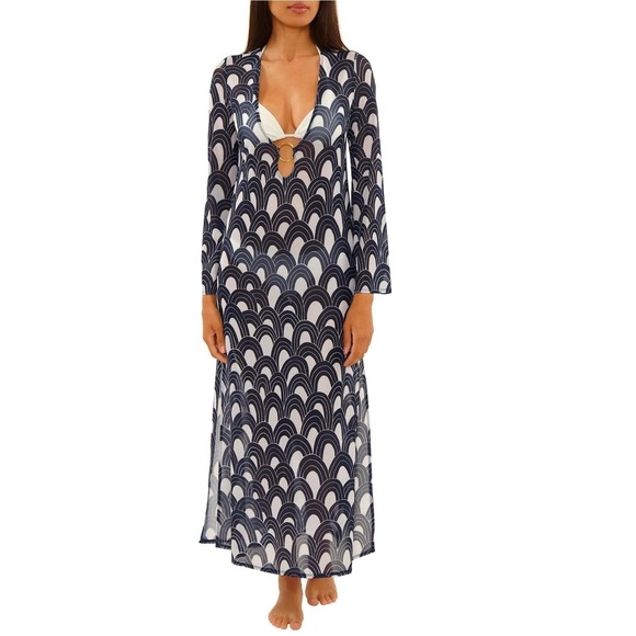 Trina Turk Other - Trina Turk Navy White Arch Print Mesh V-Neck Ring Cover-Up Dress 3076265M Medium